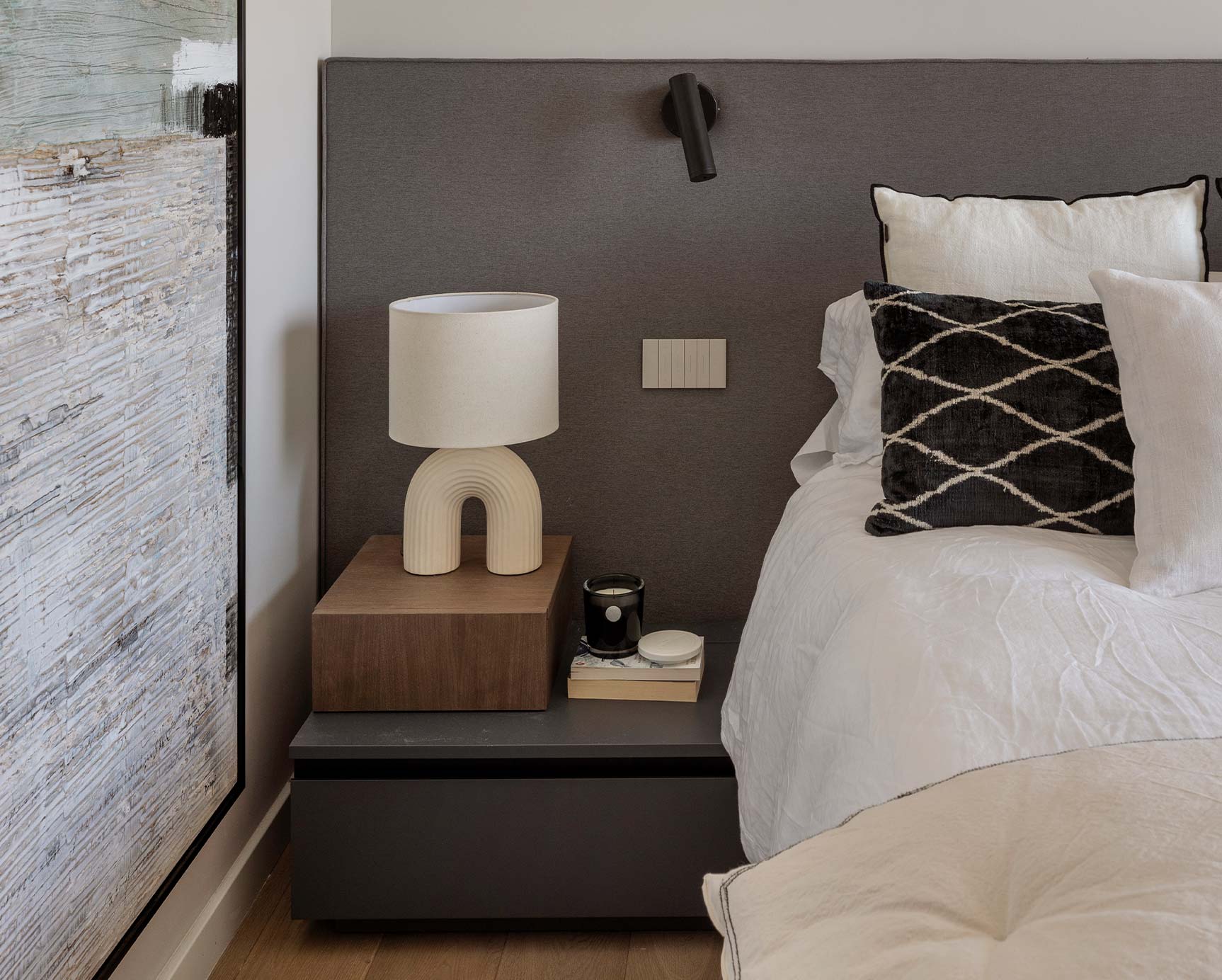 Lamp on bedside table next to bed