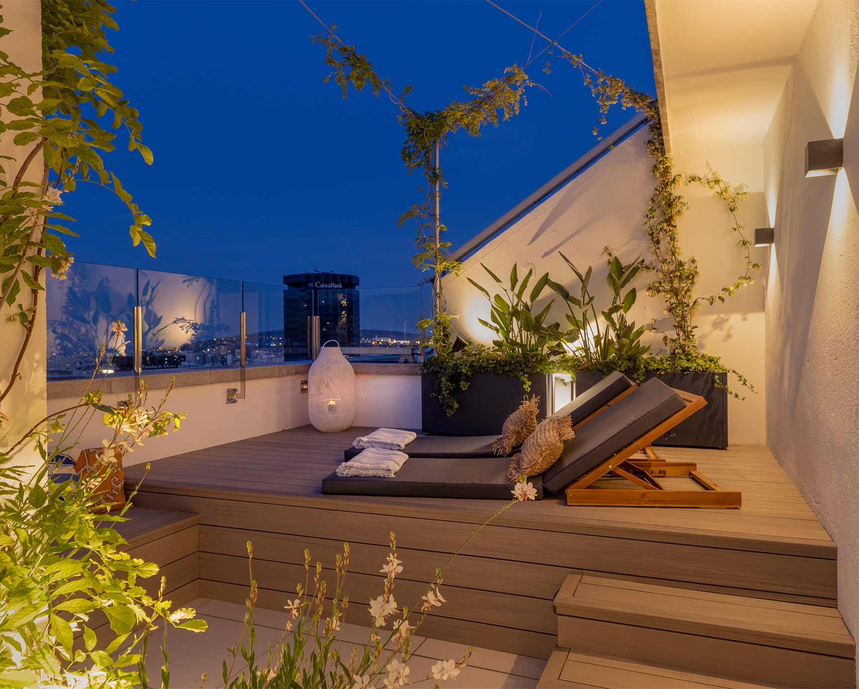 Terrace decorated with lights at night